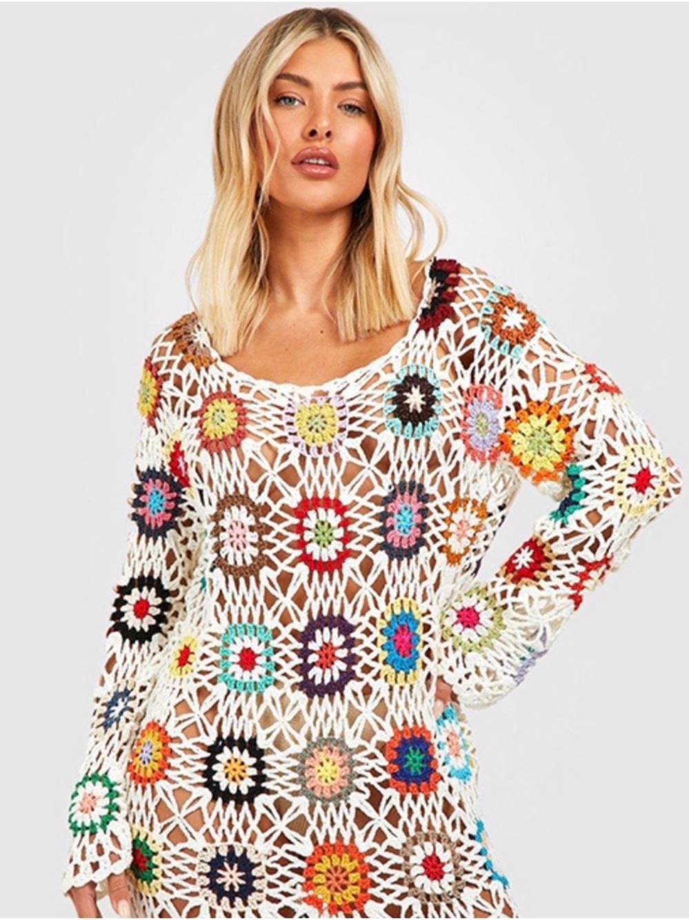Boohoo White Crochet Floral Motif Openweave Top with Multicolor Accents